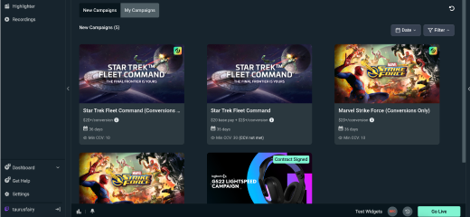 Dashboard interface showing 'New Campaigns' with three campaign cards: two for Star Trek Fleet Command and one for Marvel Strike Force, each labeled with conversions and campaign details, with navigation menu on the left and controls on top right.