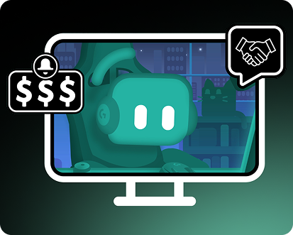 Illustration of a green mascot with headphones on a computer screen in a dark room, with icons representing money and a handshake on either side of the screen.