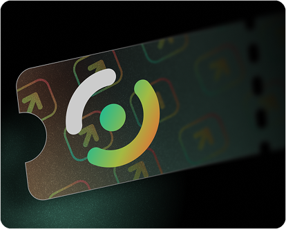 Close-up of a dark-colored ticket with rounded corners and a notch on the left side, featuring a central abstract symbol with a gray curved line, a green dot, and a partial orange-green arc, over a faint pattern of multicolored arrows pointing upward and to the right.