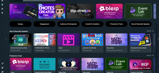 Screenshot of Streamlabs App Store showing categories like Design, Engagement, Audience Participation, Growth & Analytics, Production Tools, and New & Recently Updated with various app icons and titles such as Blerp, Event Lab, golive bot, Advanced Overlay Maker, and others listed in a grid layout on a dark background.