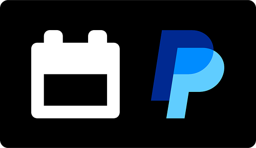 White calendar icon next to the PayPal logo in blue shades on a black background.