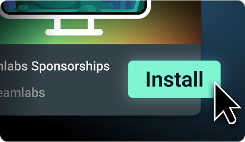 Close-up of a cursor clicking the green 'Install' button on a dark interface showing text partially reading 'Sponsorships' and 'Streamlabs'.
