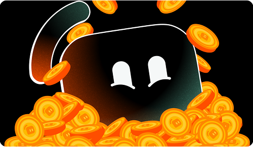 Streamlabs mascot Kevin partially hidden behind a large pile of orange coins, with more coins floating around it on a black background.