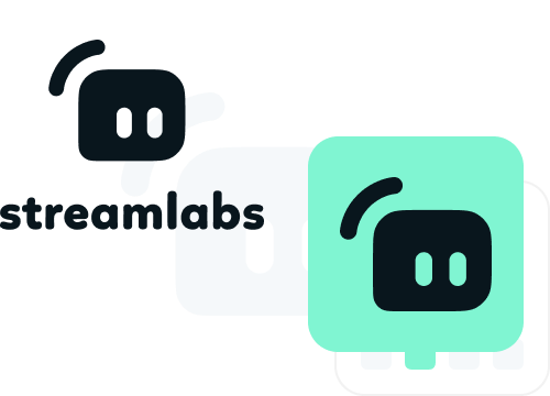 Streamlabs logo with stylized black icon resembling a robot face and text 'streamlabs' in lowercase, shown twice with different background colors.