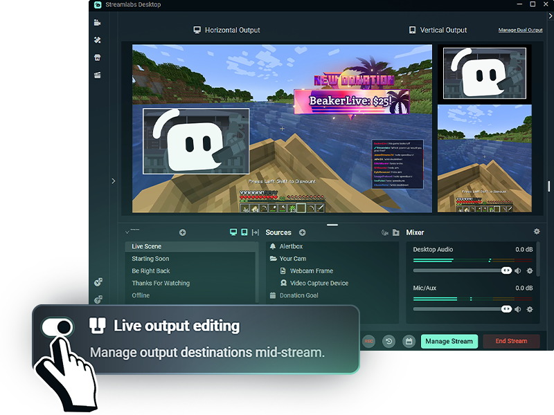 desktop view of dual output horizontal and vertical in streamlabs desktop