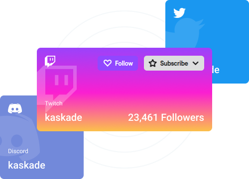 Twitch, Discord, and X social callout items overlaid on each other.