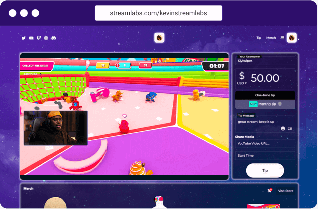 A creator tipping page with creator playing a game and $50 tip in right navigation.