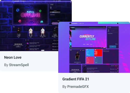 Two Creator Sites themes in cool tones featuring stream display, social channels, and merch products for sale.