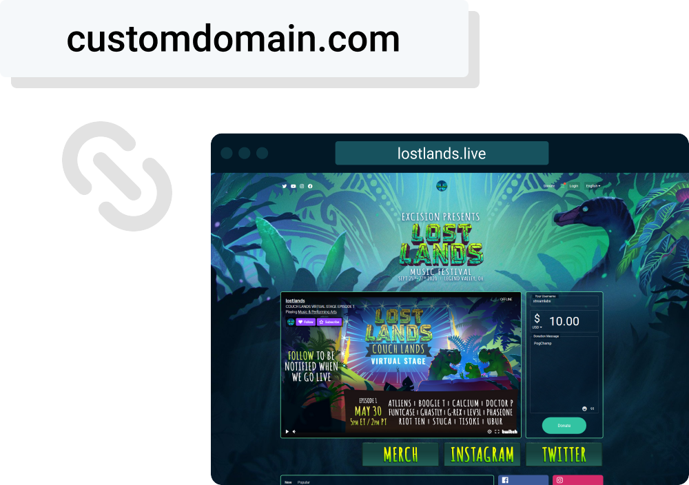 Streamlabs Creator Site with vibrant jungle-themed graphics and dinosaurs, displaying event details, virtual stage livestream, and donation section on a custom domain.
