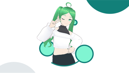 VTuber with green hair tied in two pigtails, wearing a white off-shoulder cropped top and a black skirt, making a peace sign with one hand and winking.