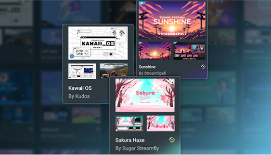 A digital interface displaying three streaming overlay packages for VTubers: 'Kawaii OS' by Kudos with a monochrome tech design, 'Sunshine' by StreamSpell featuring a sunset theme, and 'Sakura Haze' by Sugar Streamfly with a pink cherry blossom aesthetic.