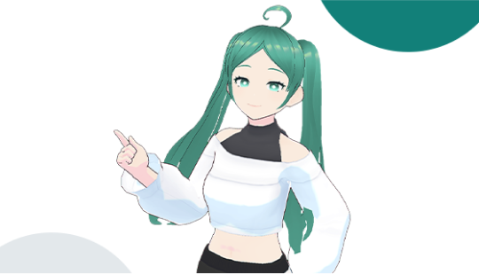 VTuber with long teal twin-tail hair, wearing a white off-shoulder crop top and black high-waist pants, pointing with the right index finger.