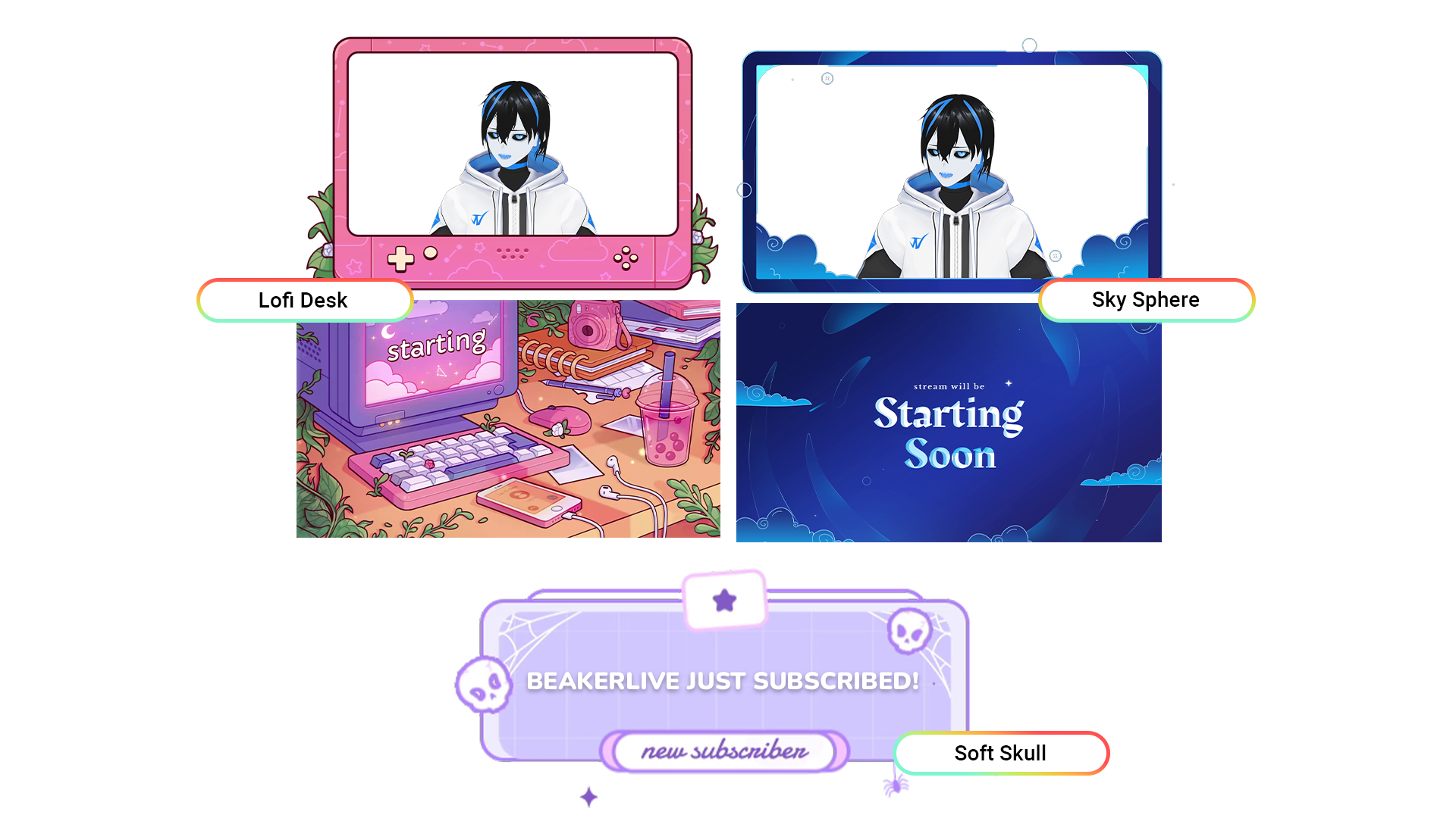 VTuber in two different stream overlays, one pink and one blue.