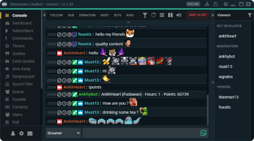 Chat posting messages and emoji being read in Streamlabs Chatbot desktop application