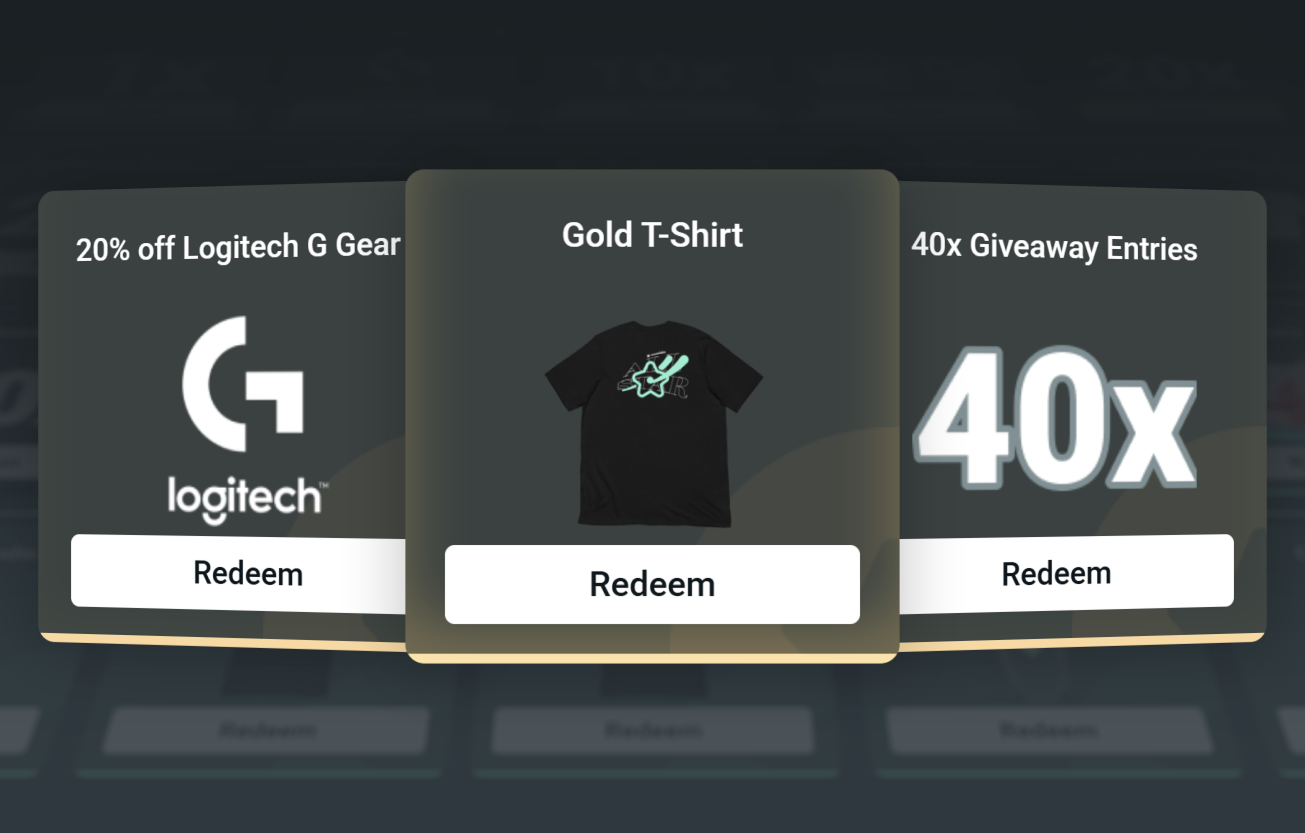 Three reward cards displayed side by side: left card offers 20% off Logitech G Gear with Logitech logo and Redeem button; center card shows a black T-shirt with a green star design labeled Gold T-Shirt with Redeem button; right card offers 40x Giveaway Entries with large '40x' text and Redeem button.