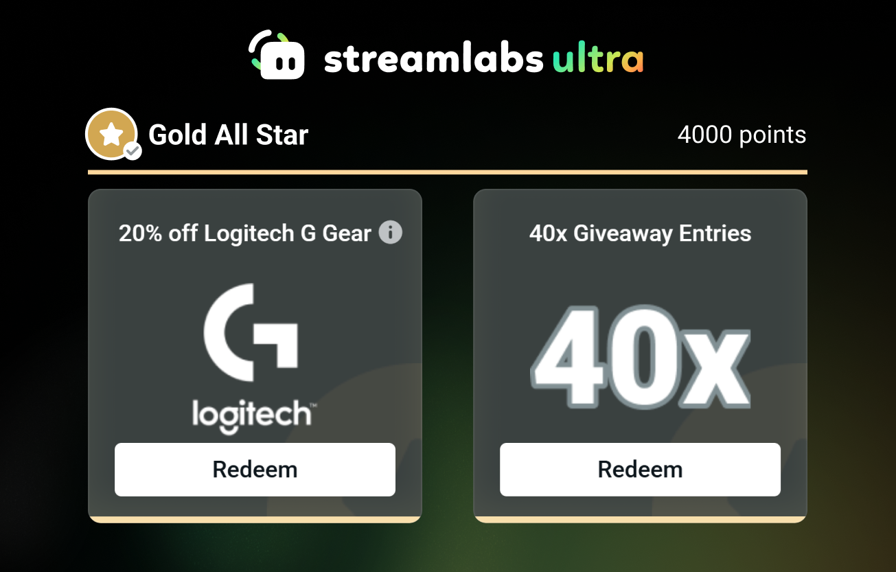 Streamlabs Ultra Gold All Star reward level showing two redeemable offers: 20% off Logitech G Gear and 40 times Giveaway Entries.