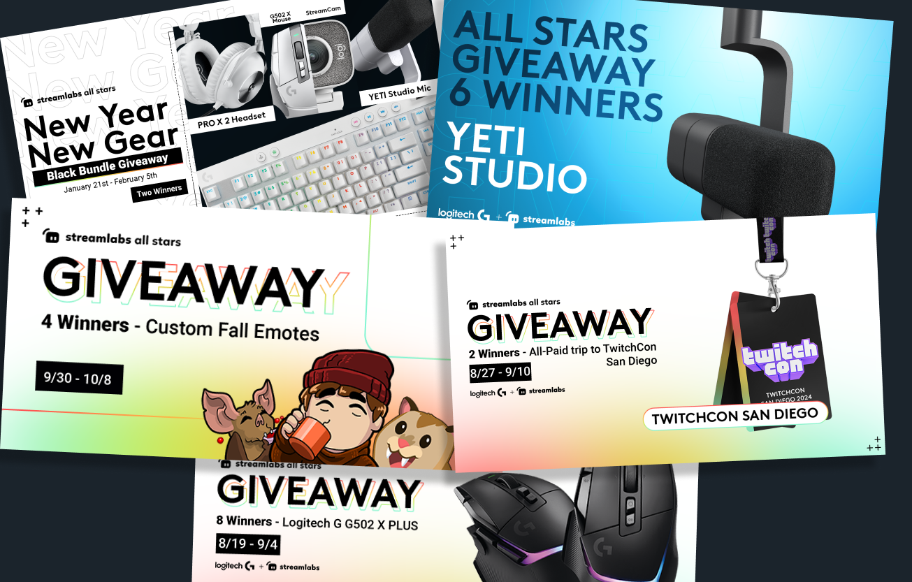 Collage of Streamlabs All Stars giveaways featuring prizes like PRO X 2 headset, G502 X mouse, StreamCam, YETI Studio Mic, TwitchCon San Diego passes, custom Fall emotes, and Logitech G G502 X PLUS mouse.