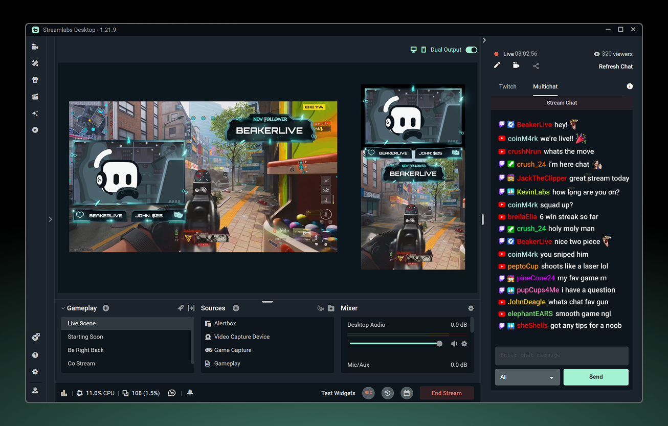 Streamlabs Desktop software interface displaying a gameplay scene. The interface shows source controls, a mixer with audio levels, scene selections, and a live chat panel on the right with colorful messages from viewers. Controls for dual output and stream status are visible at the top.