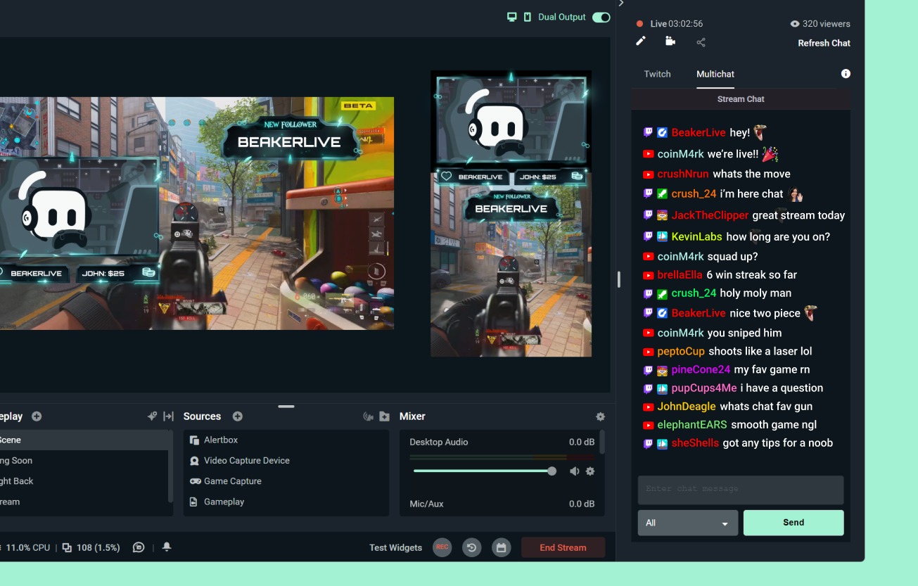 Streamlabs Desktop software interface displaying a gameplay scene. The interface shows source controls, a mixer with audio levels, scene selections, and a live chat panel on the right with colorful messages from viewers. Controls for dual output and stream status are visible at the top.