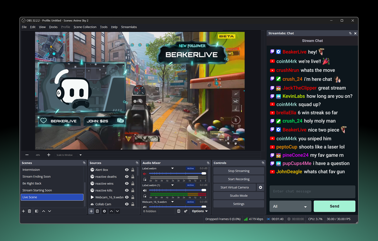 Screenshot of OBS Studio interface showing a live game streaming scene with a game, a new follower alert, and a Streamlabs chat with colorful messages from viewers.