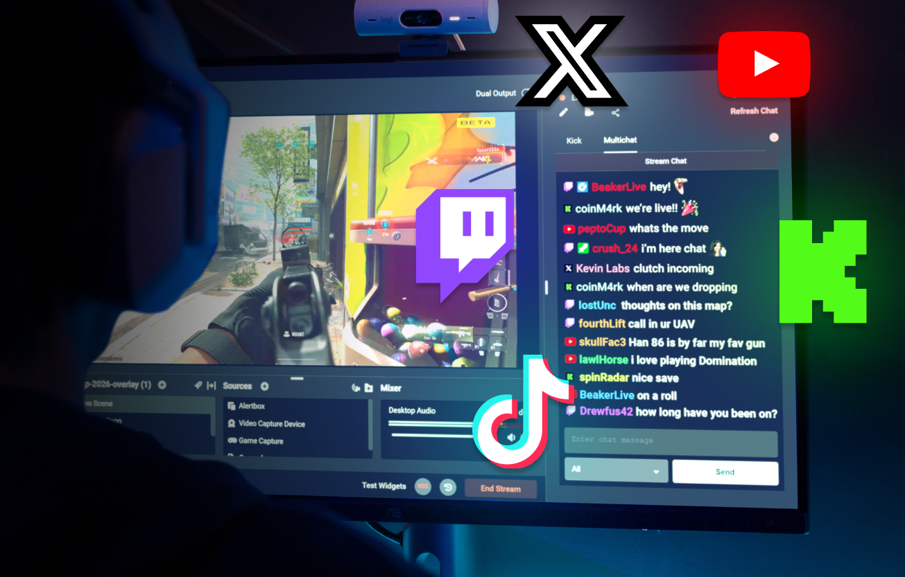 Person wearing headphones playing a game on a computer with a streaming interface showing game capture, audio mixer, and a multistream chat panel featuring chats from platforms with Twitch, TikTok, YouTube, X, and Kick logos overlaid on the screen.