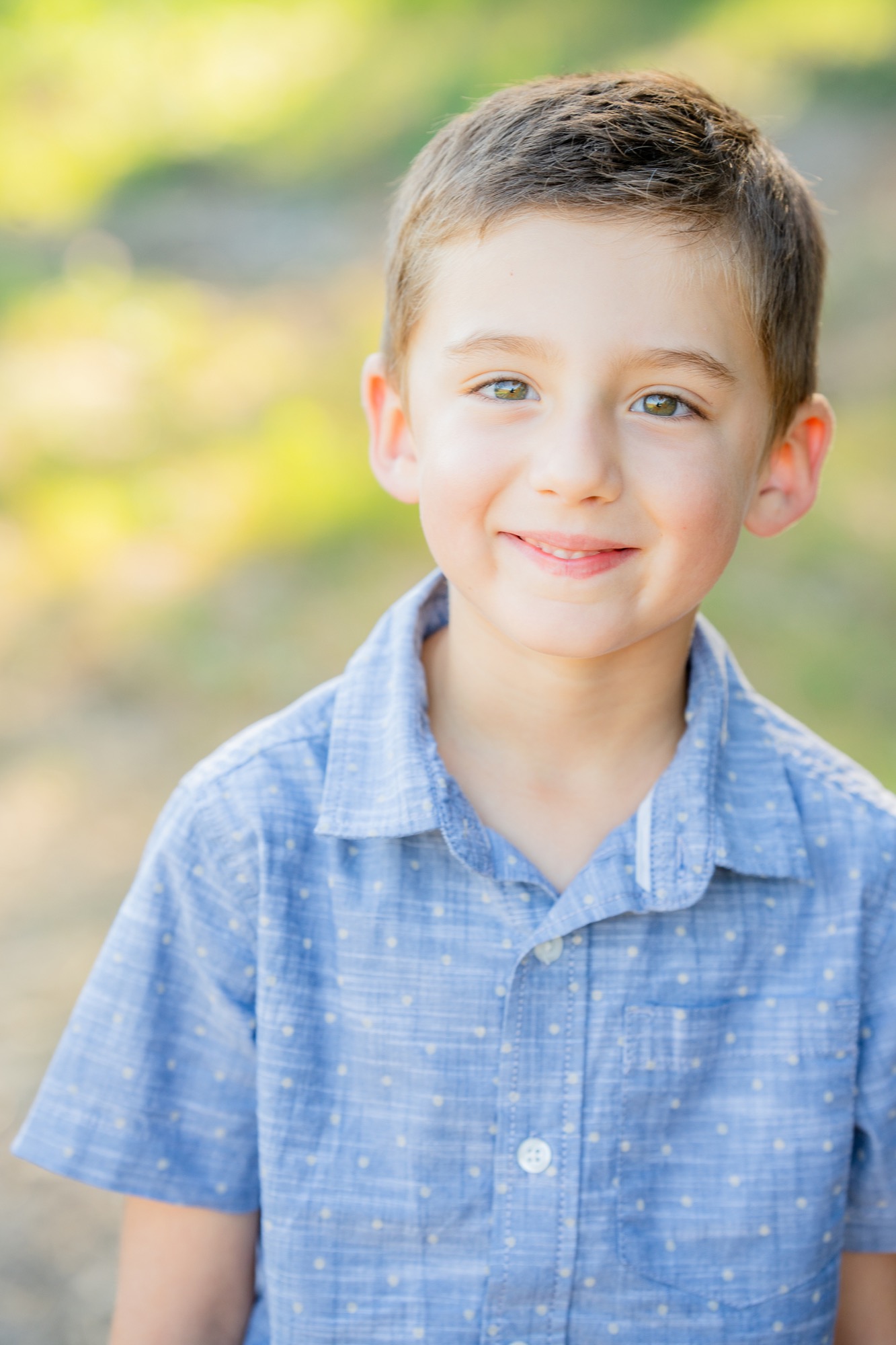 Smiling young boy with short light brown hair and green eyes wearing a blue short-sleeve button-up shirt with small white dots, standing outdoors with a blurred green and yellow background.