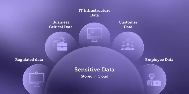 Image of types of sensitive data that is stored in the cloud such as regulated data, business critical data, IT infrastructure data, customer data and employee data.