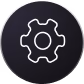 White gear icon centered on a round black background.