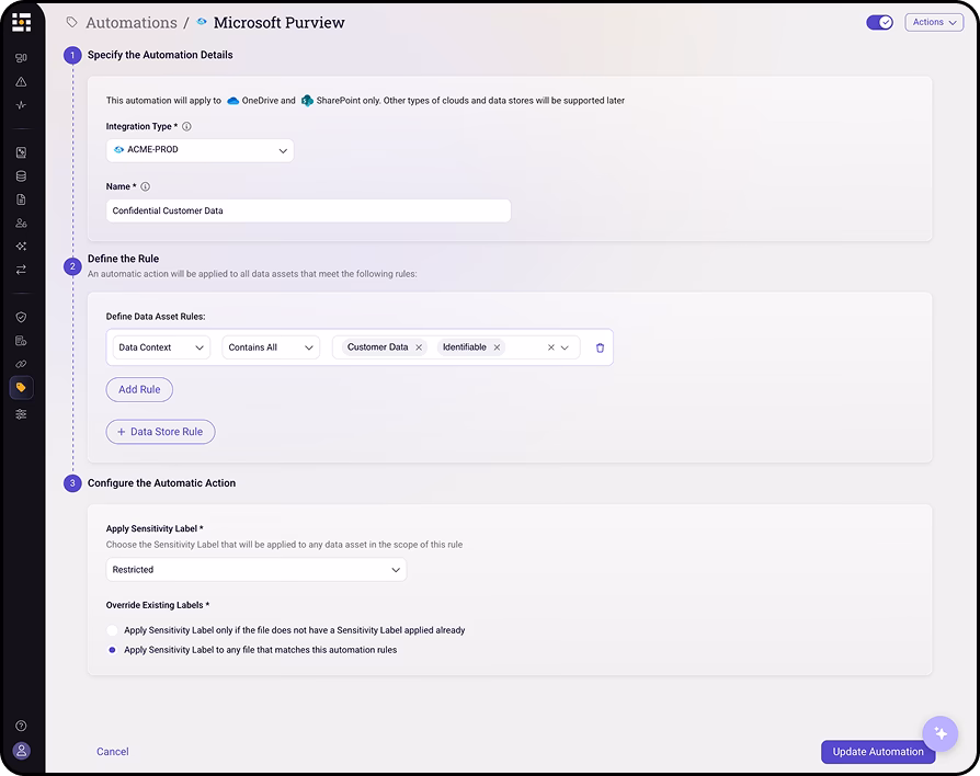 Automation setup screen for Microsoft Purview specifying integration type as ACME-PROD, naming it Confidential Customer Data, defining a rule for data context containing all customer data marked identifiable, and applying a Restricted sensitivity label with override enabled for matching files.