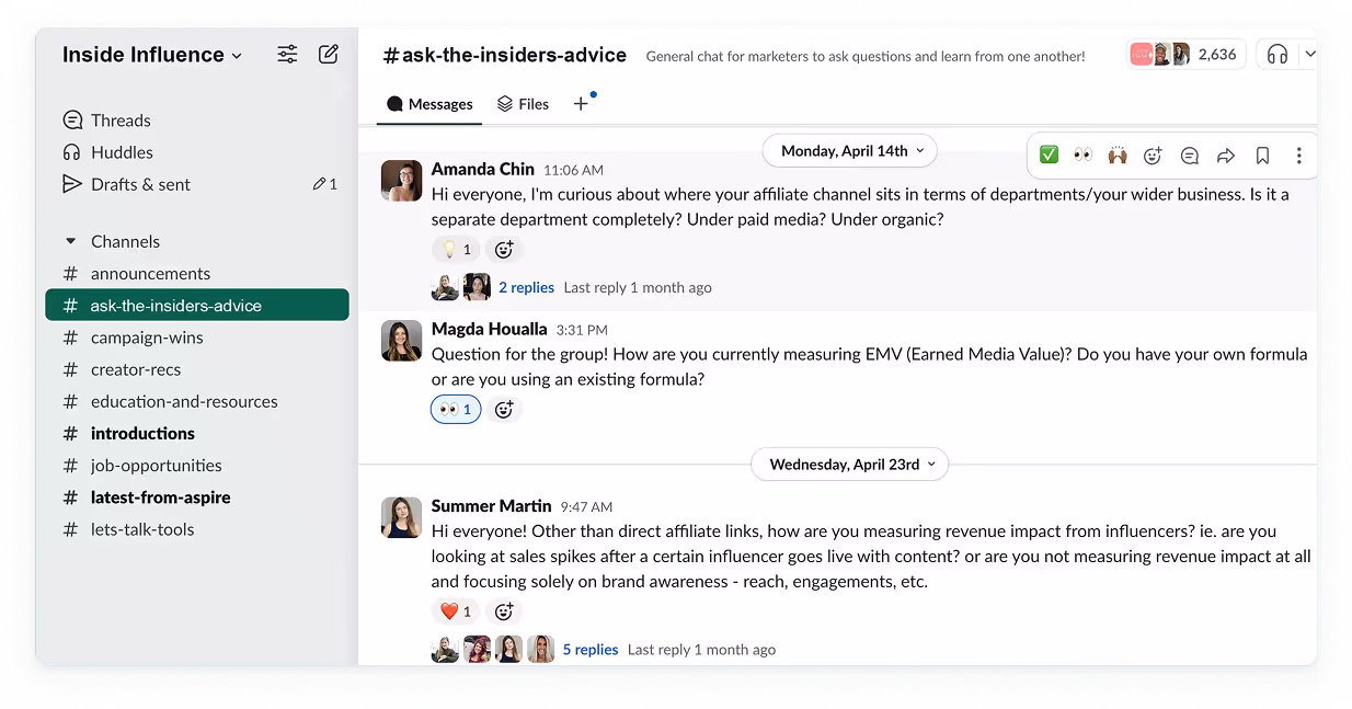 Screenshot of a Slack community conversation with members exchanging messages
