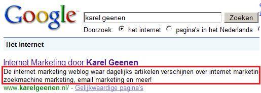 meta description tag van Karel Geenen
