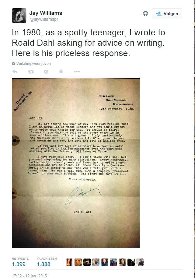 Adviesbrief Roald Dahl stop met die beestachtige adjectieven