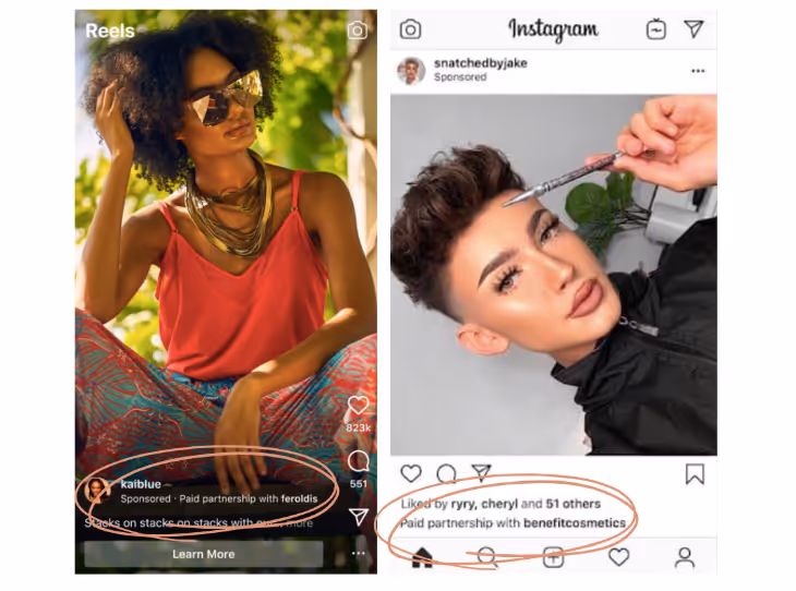 Screenshot of two sponsored ad formats from Instagram / Meta.