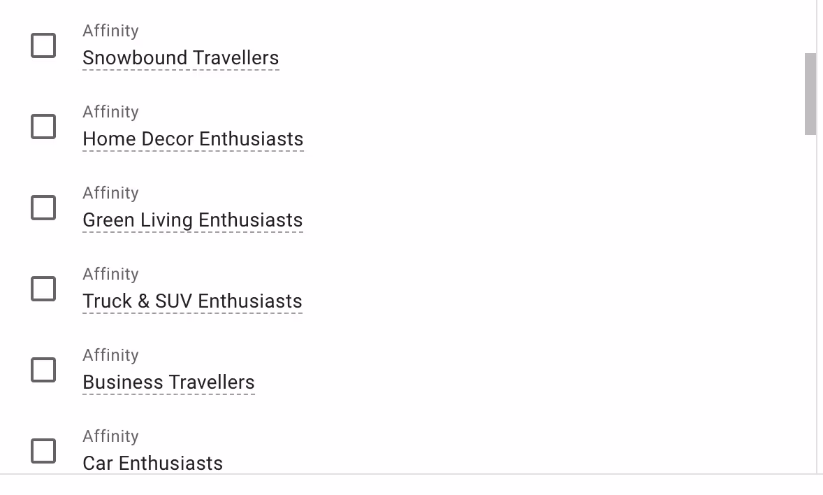 Screenshot of Google Display Network Custom Affinity Audience options