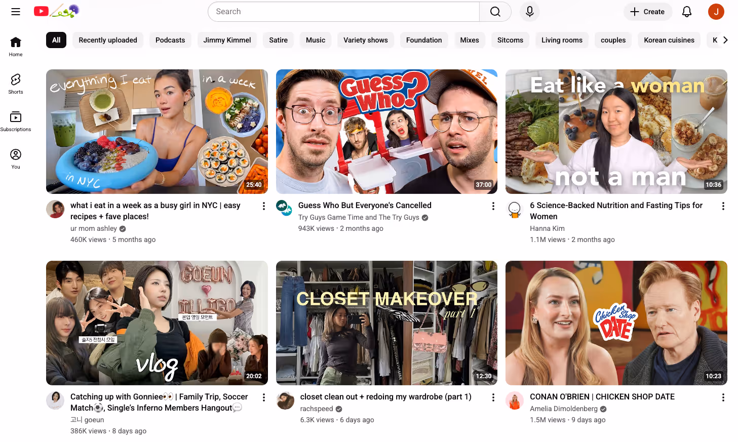 YouTube home page recommendations