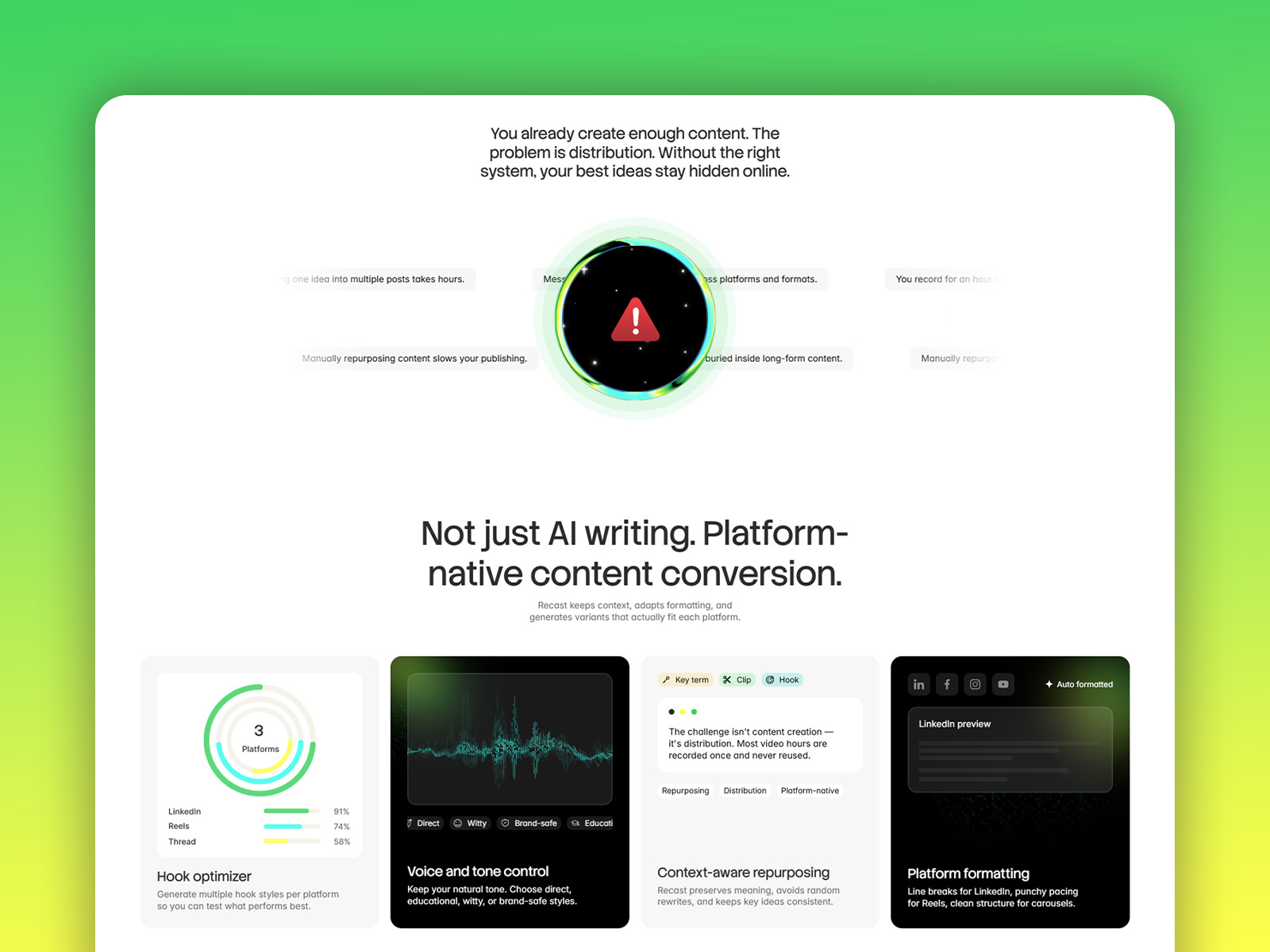 AI content platform landing page