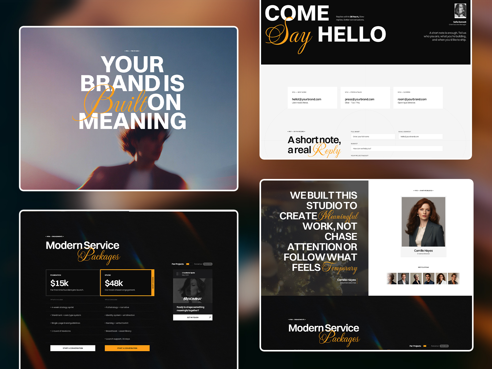 Modern branding studio website sections