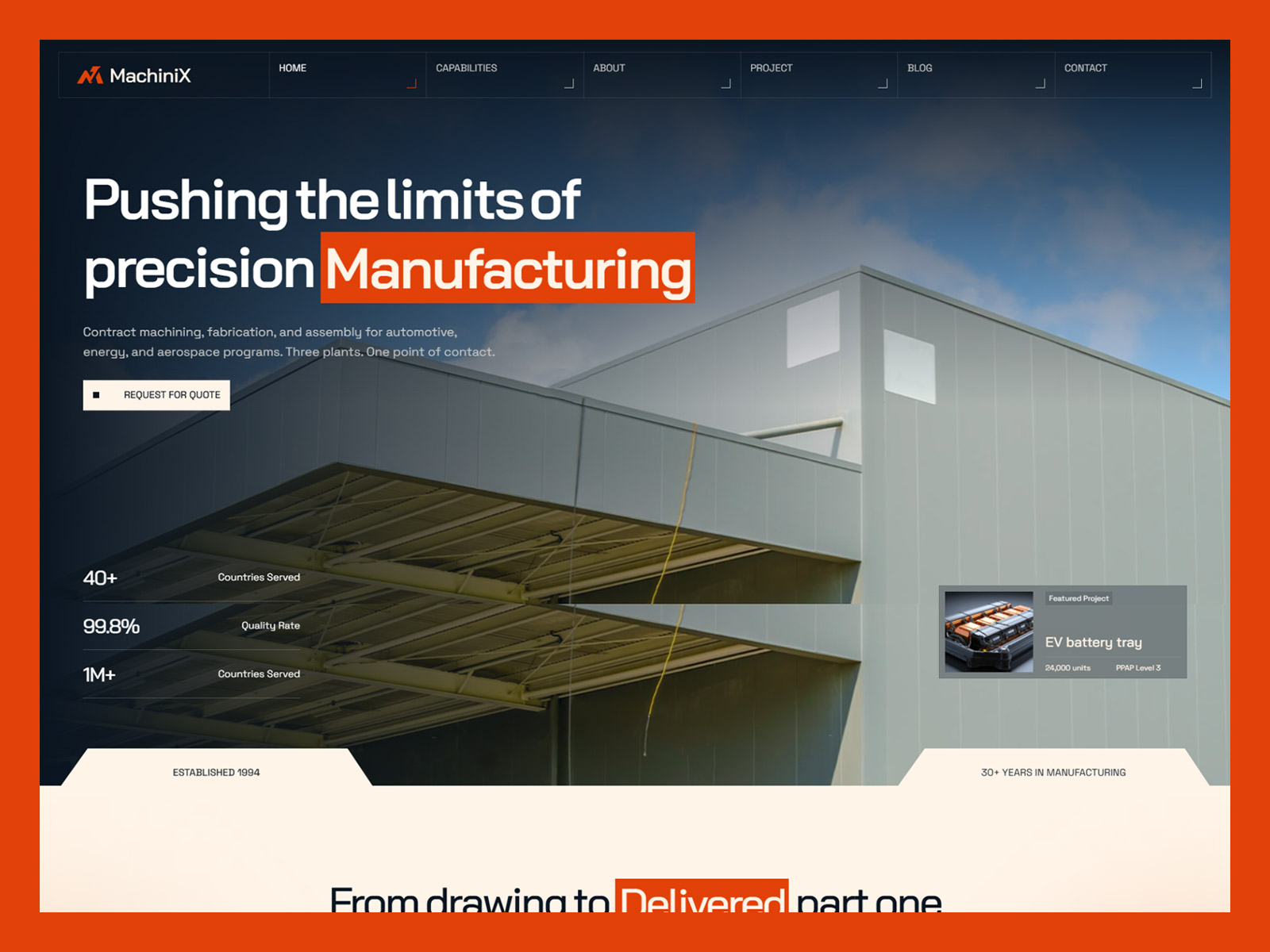 MachiniX CNC machining website template homepage with bold industrial design