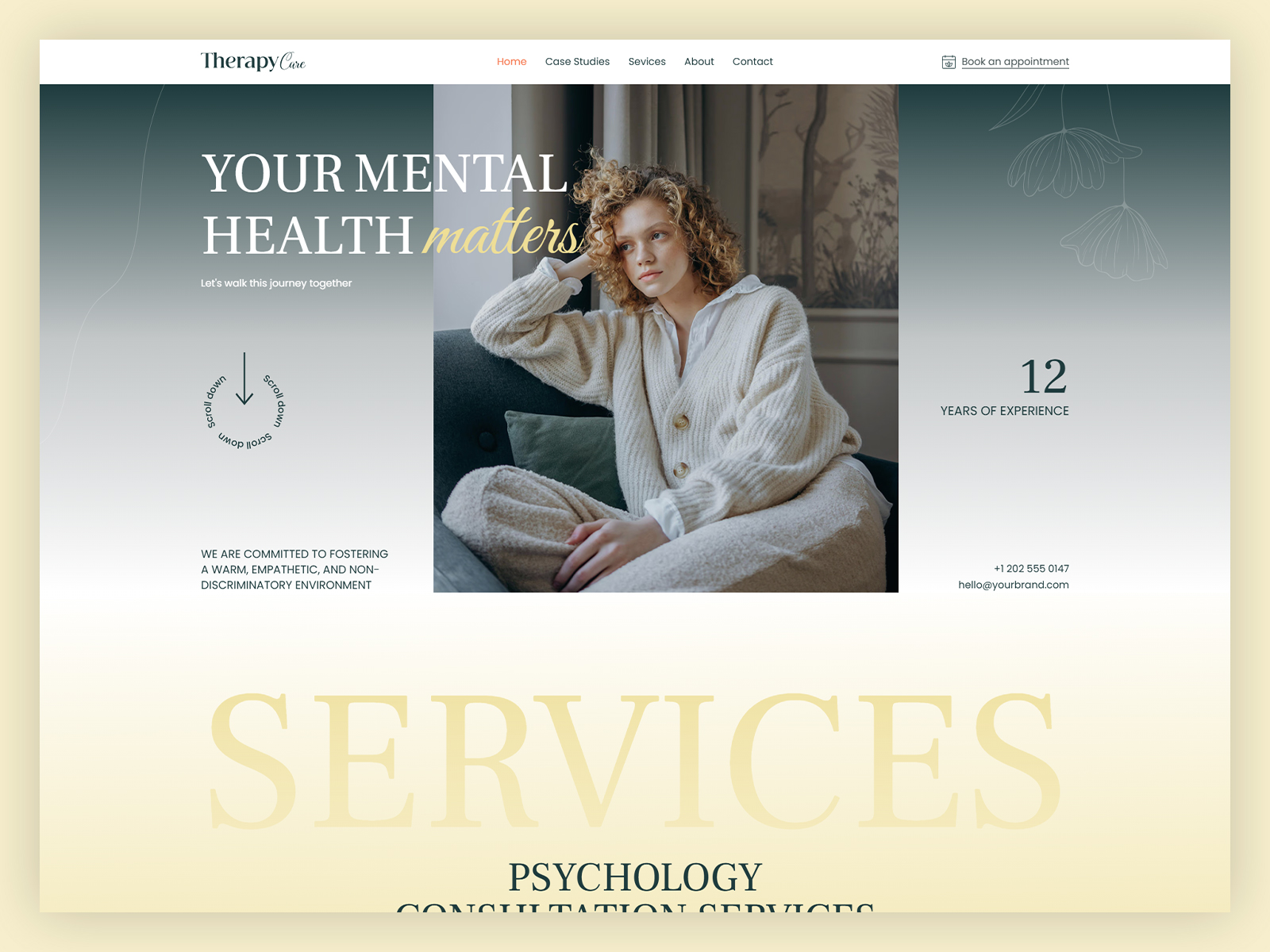 TherapyCare therapy website template homepage with warm, calm design