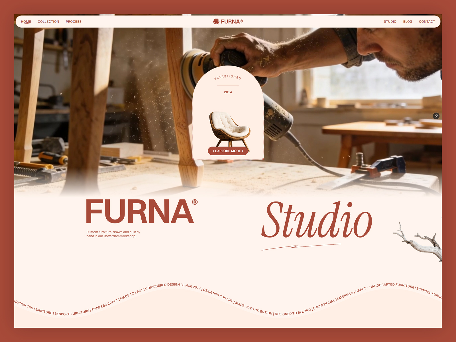 Furna custom furniture website template homepage with oversized type and warm natural tones