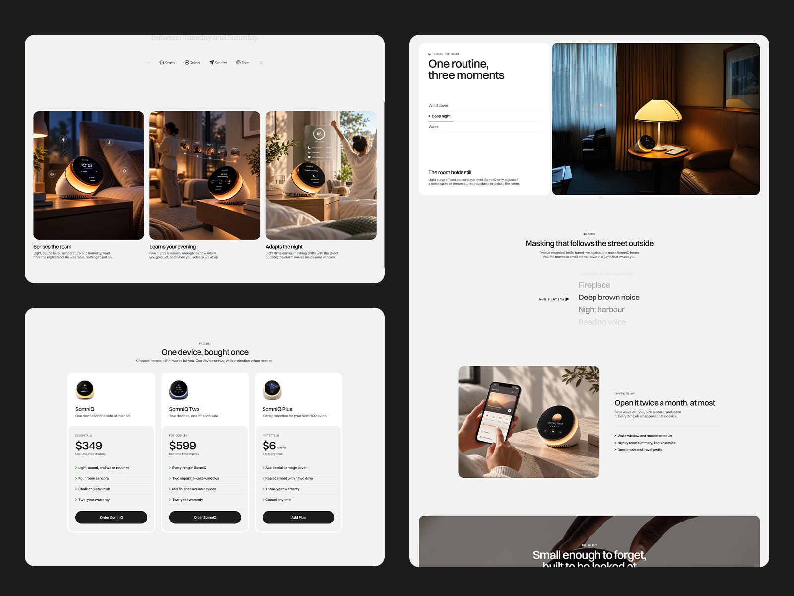 SomniQ specifications page with grouped product details