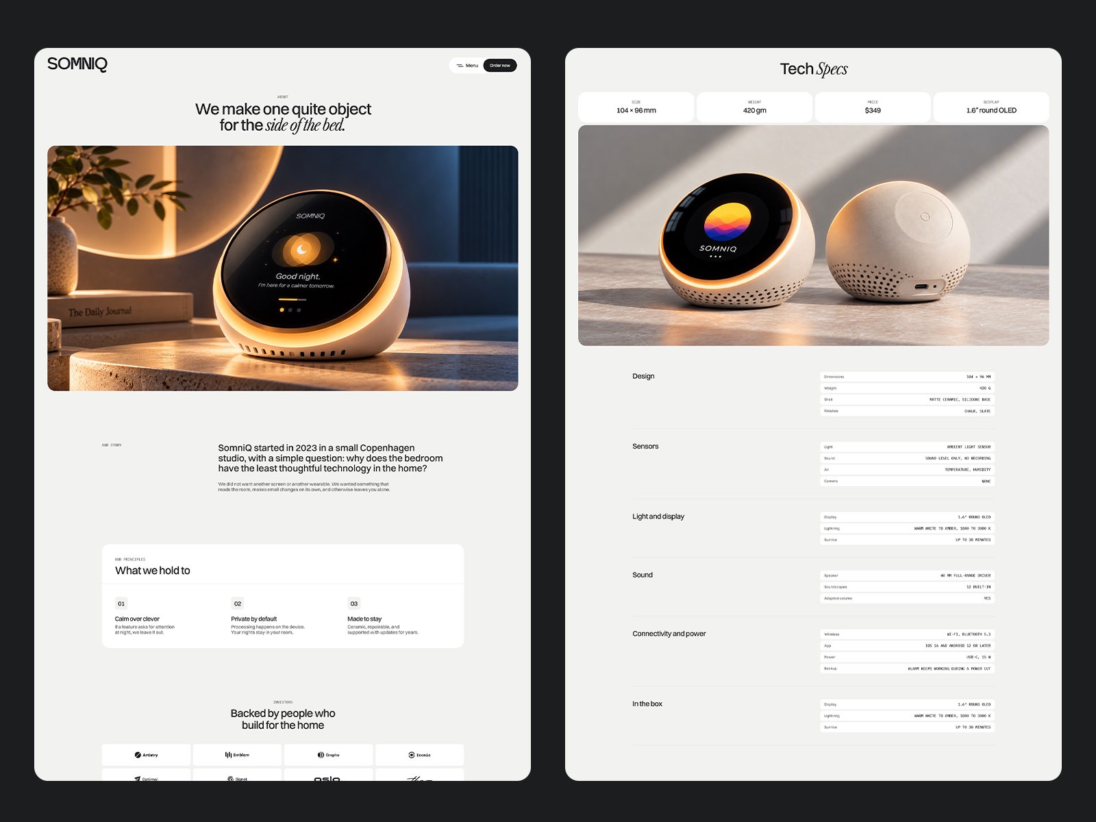 SomniQ pricing section with product cards linking to an external store