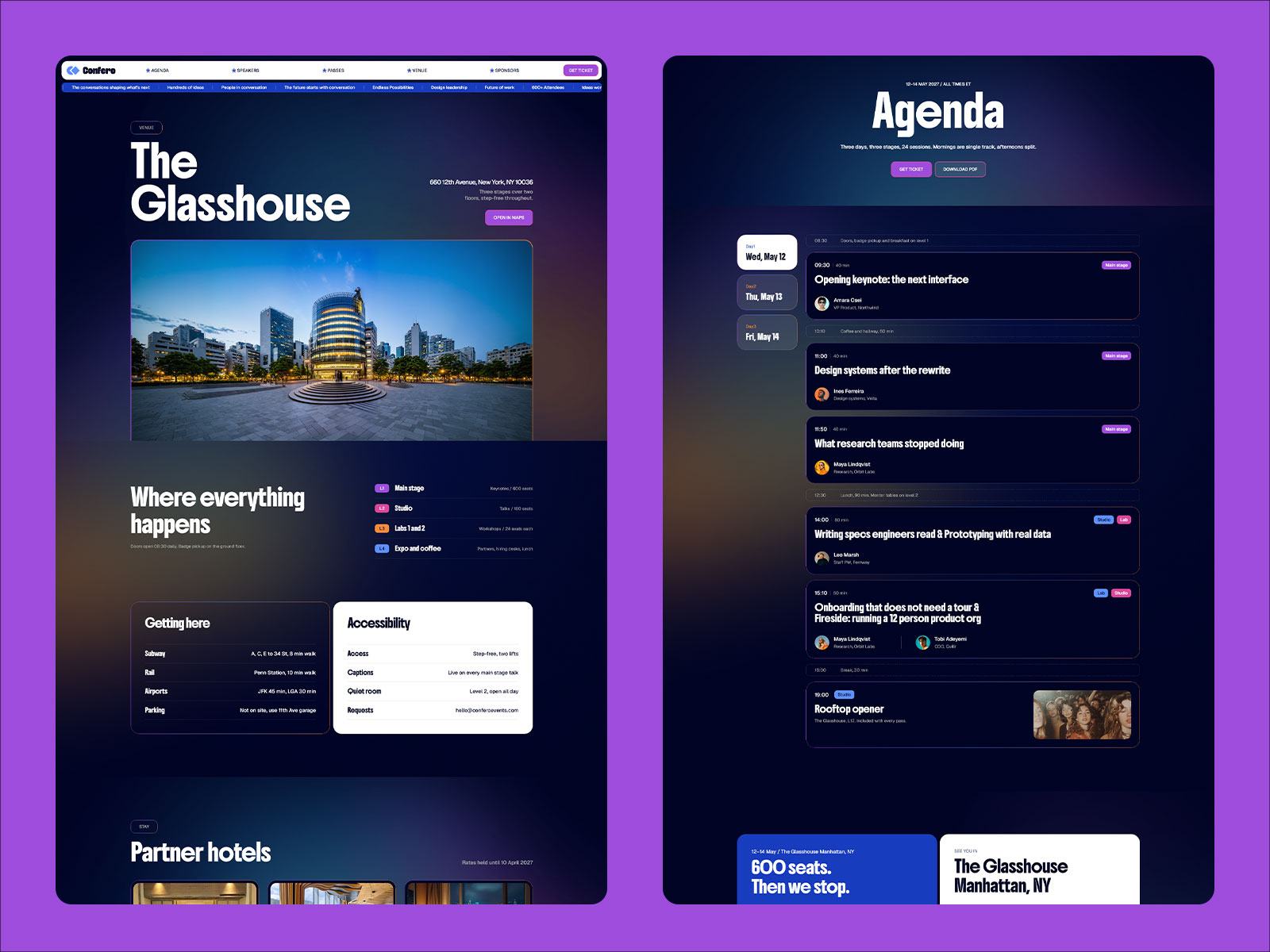 Confero ticket-style pass cards with pricing tiers