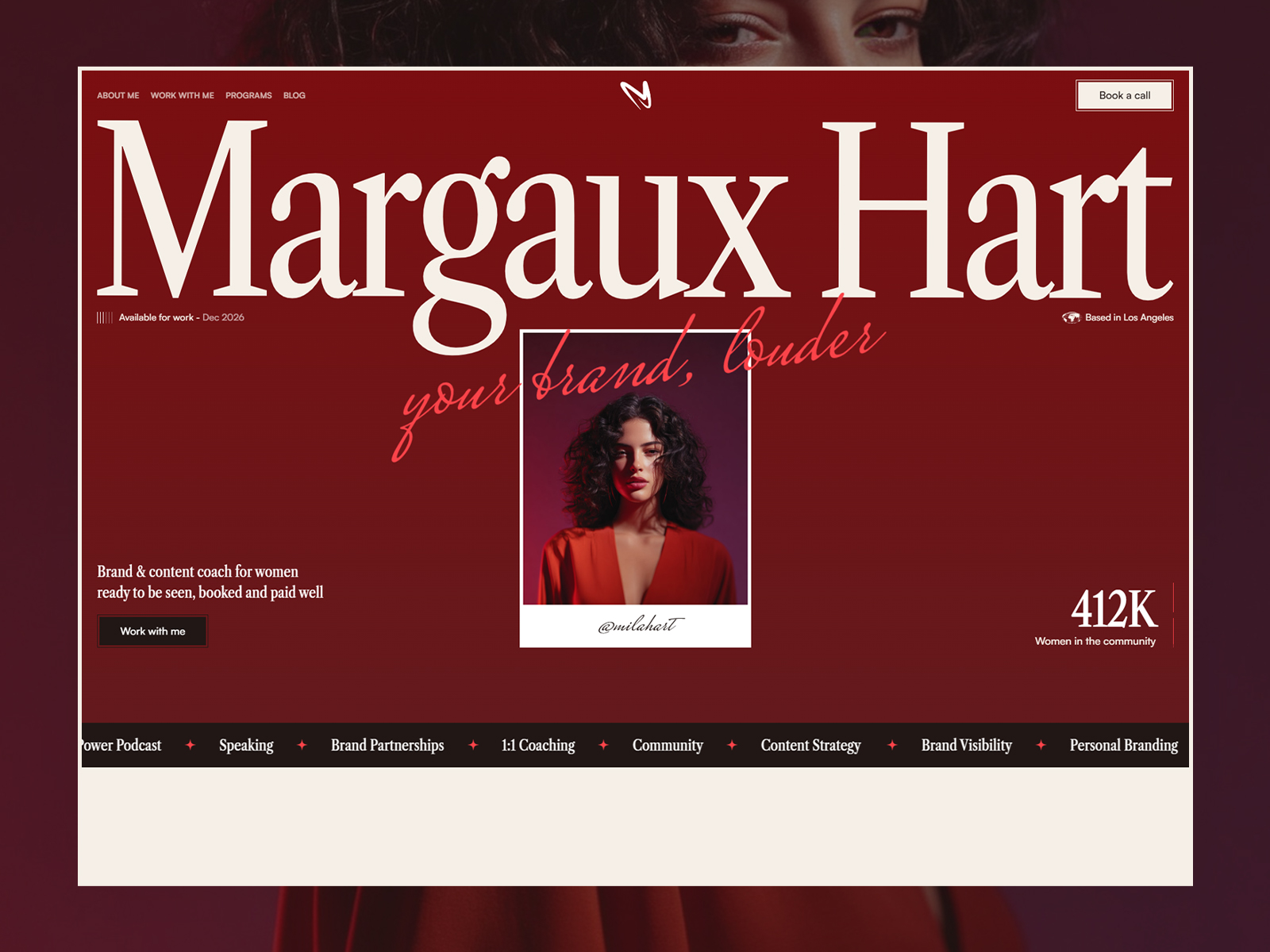 Margaux Hart life coach website template hero with name, portrait and audience numbers