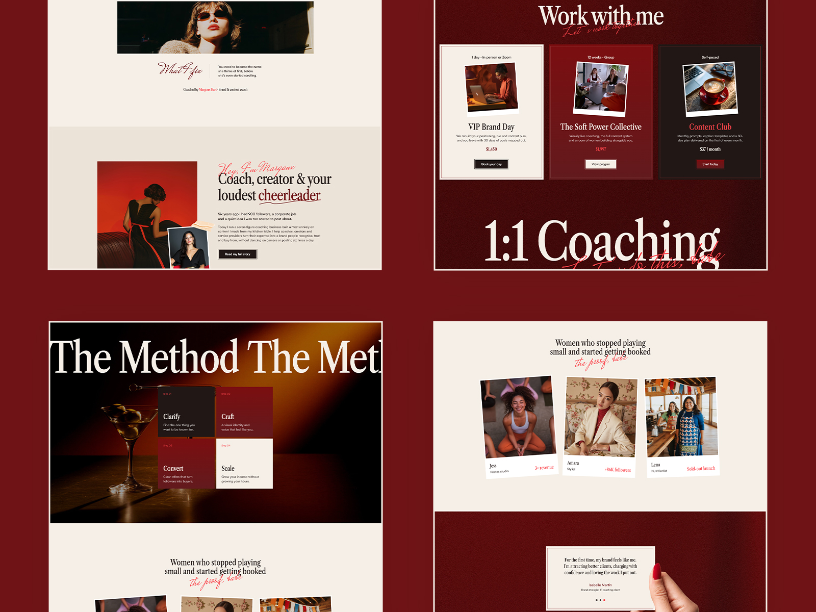 Margaux Hart coaching offers in a tier grid with a full-width 1:1 offer