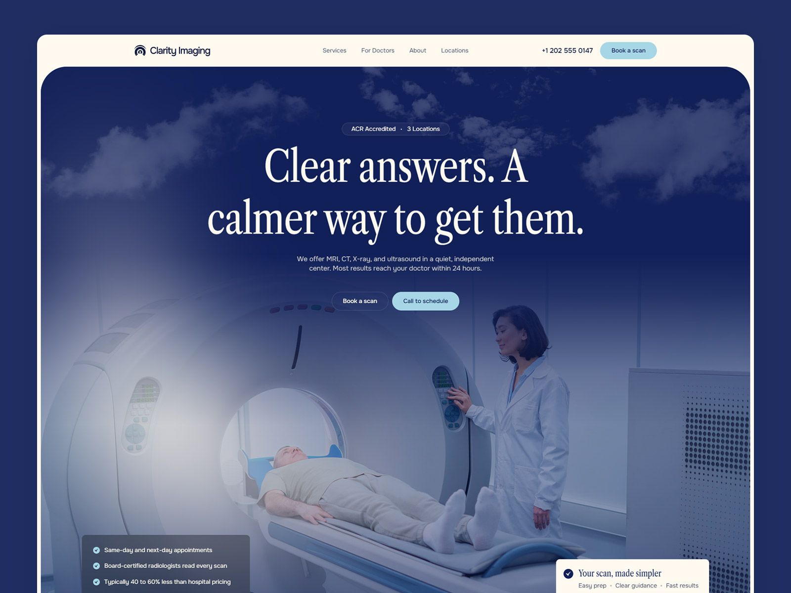 Clarity Imaging radiology website template hero with booking and call options