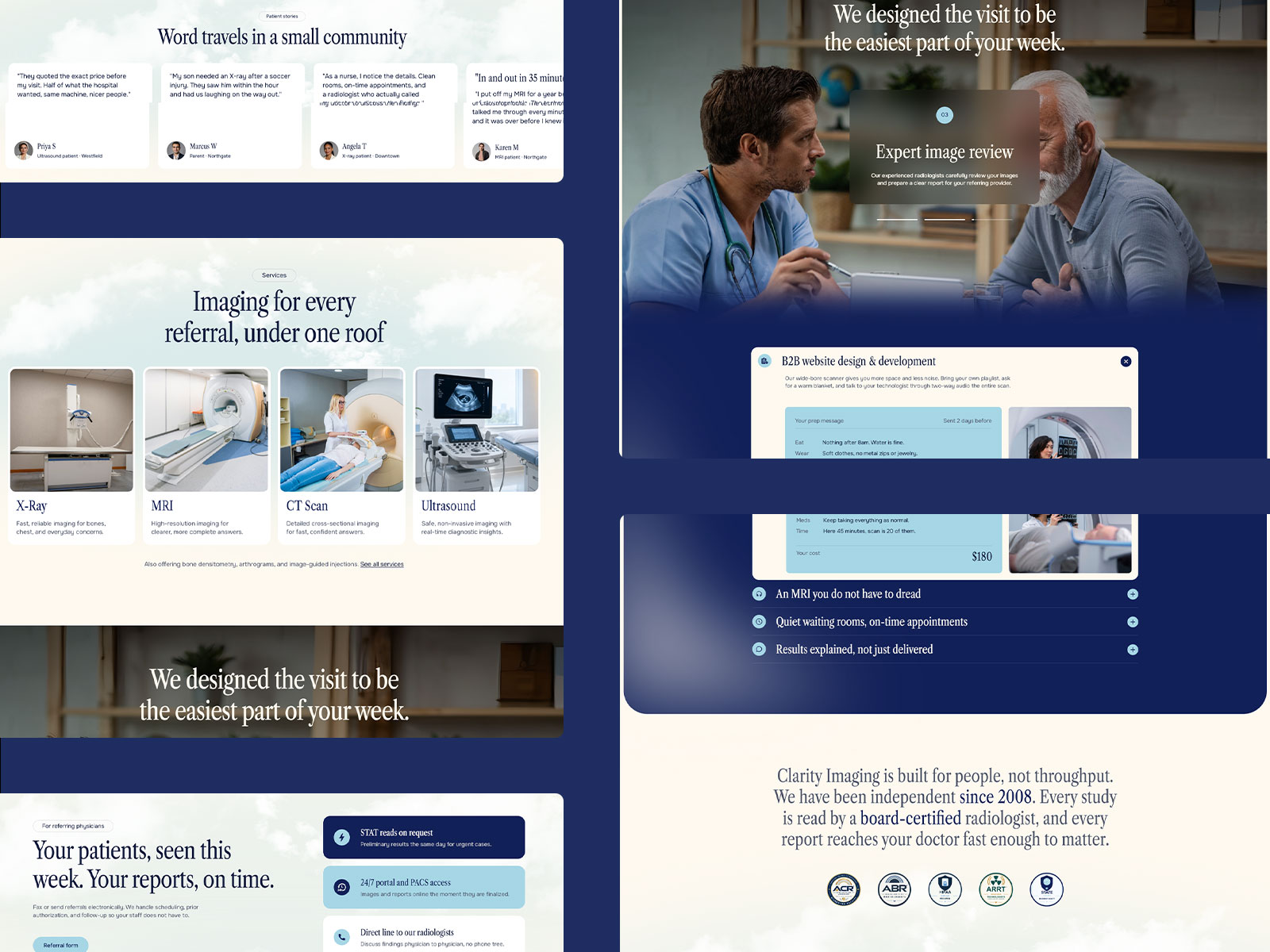 Clarity Imaging services section for an imaging center
