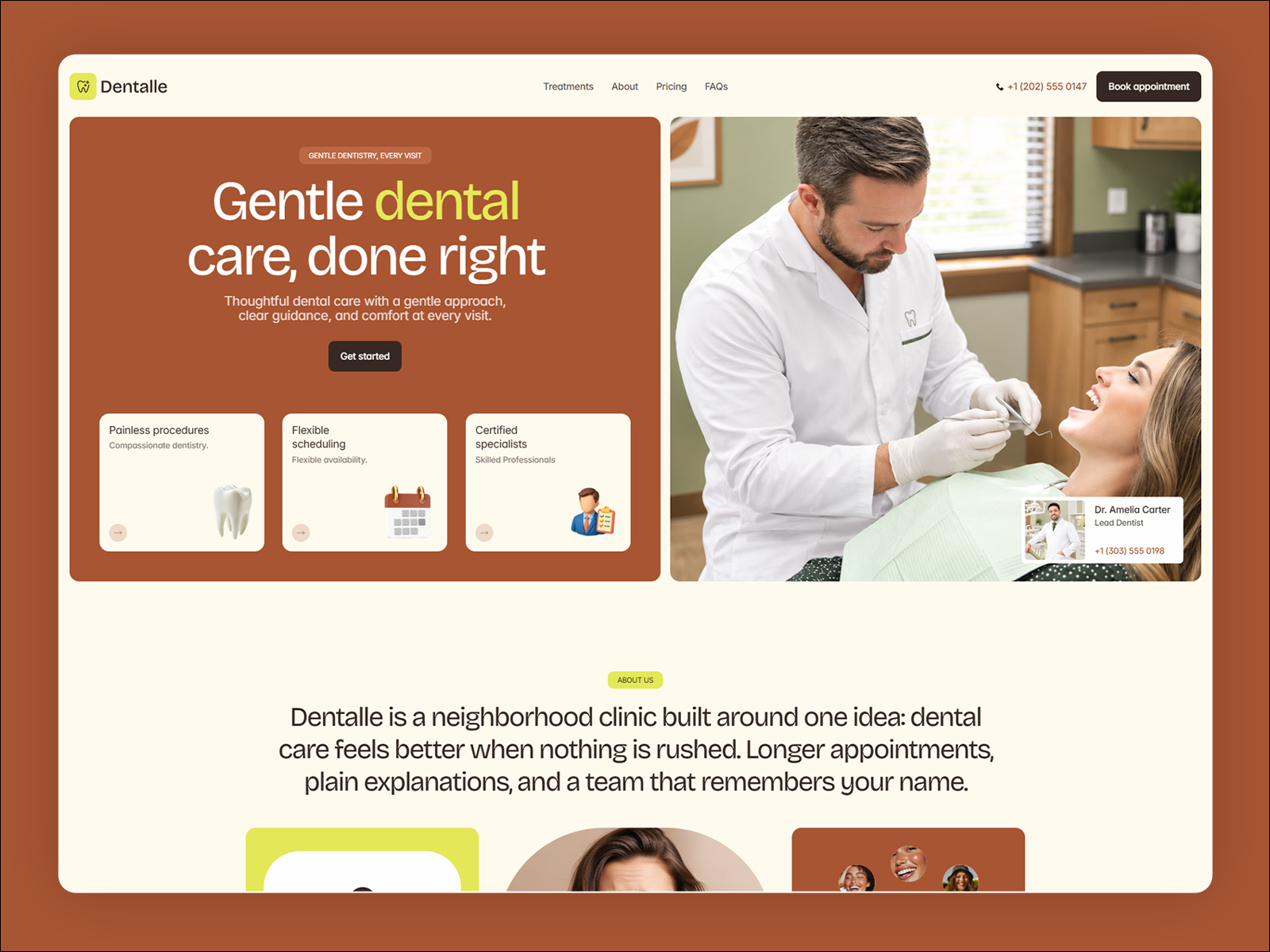 Dentalle dental clinic website template hero with booking and call options