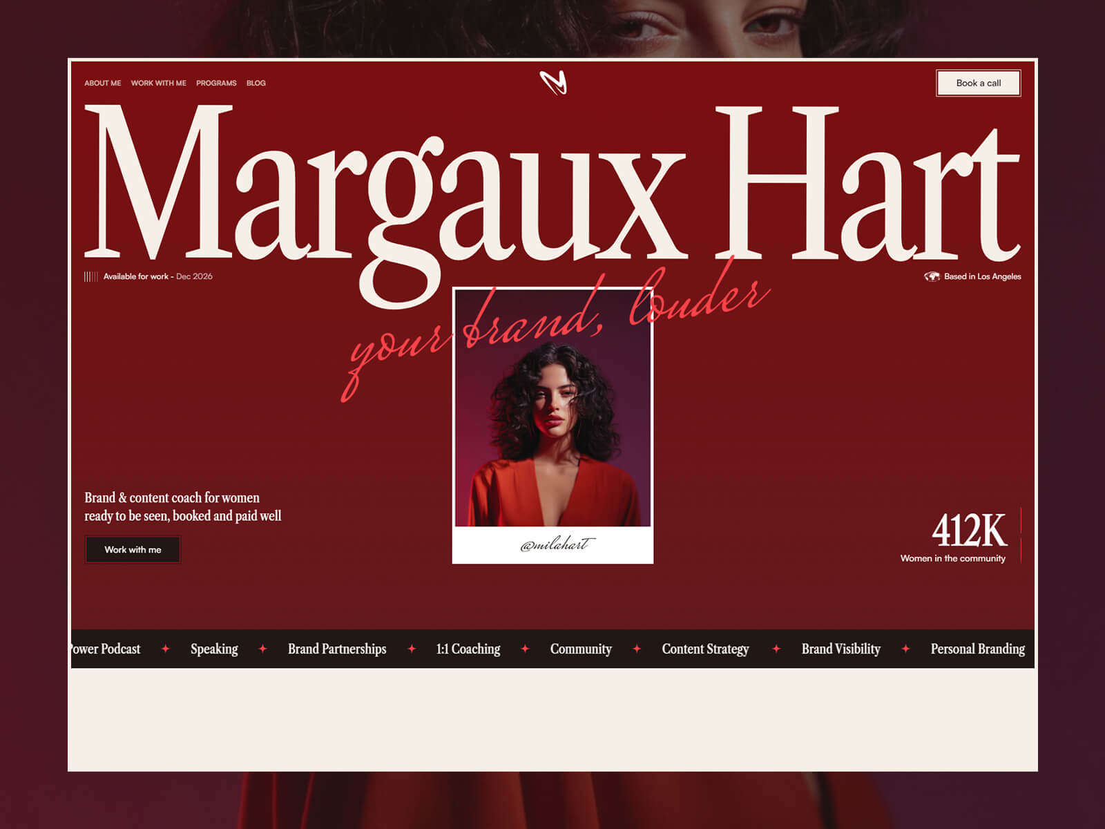 Margaux Hart life coach website template hero with name, portrait and audience numbers