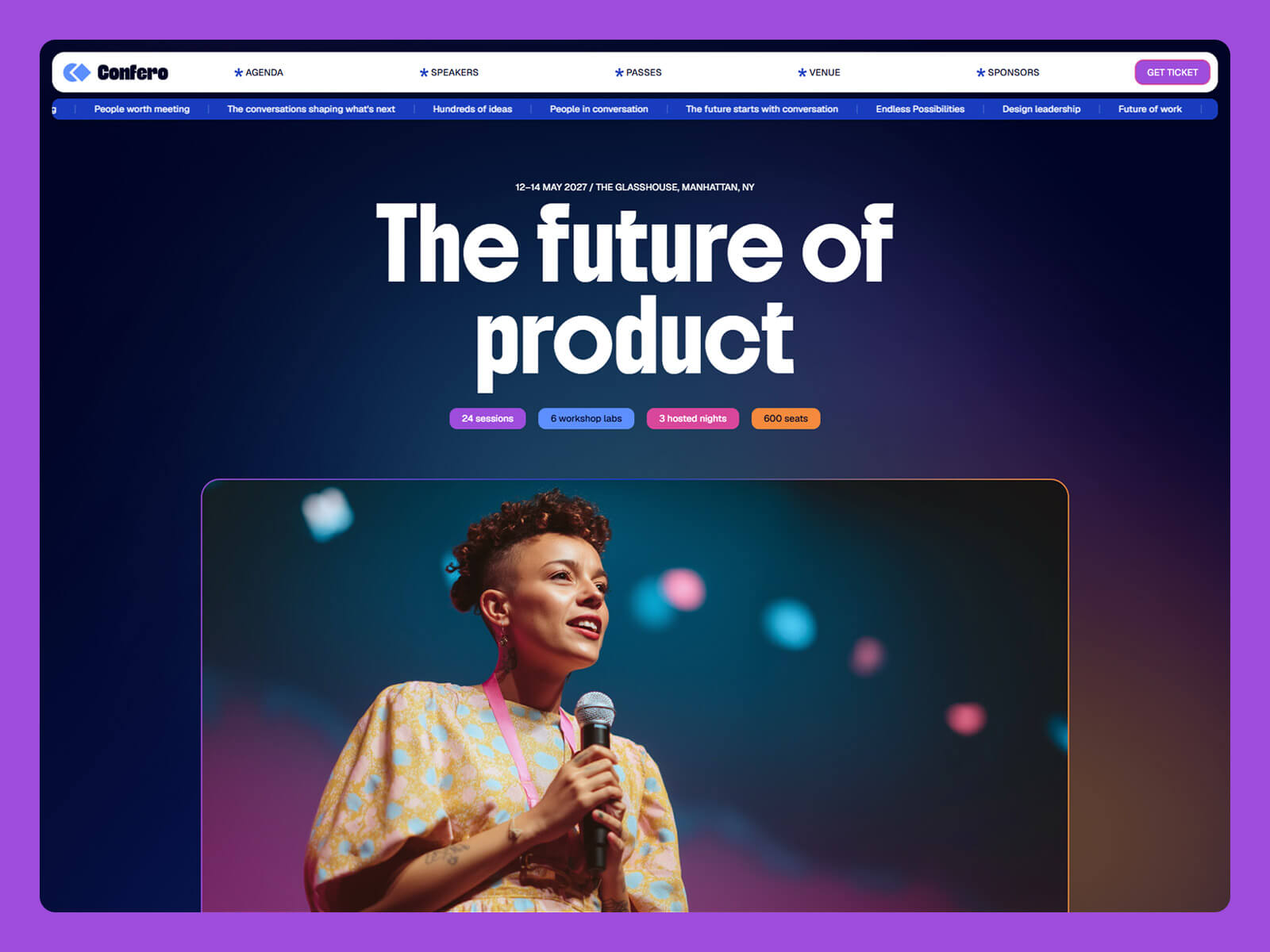 Confero conference website template hero with dates, venue and buy button